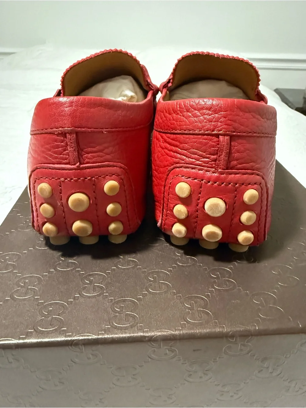 Gucci Red Leather Horsebit Loafers with Black Web